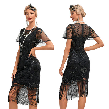 Womens Retro Party Sequin Tassel Dress