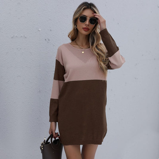 Women's Fashionable Temperament Round Neck Colorblock Sweater Dress