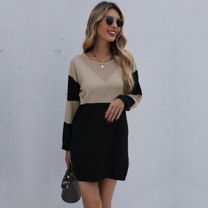Women's Fashionable Temperament Round Neck Colorblock Sweater Dress