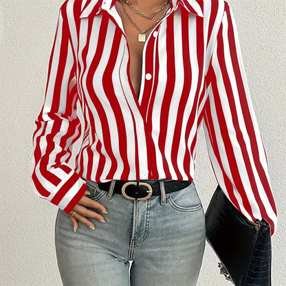 Womens Fashion Striped 3D-Printed Long-Sleeve Shirt