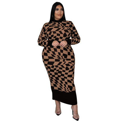 Women's Crew-Neck Plaid Printed Long-Sleeve Elegant Dress