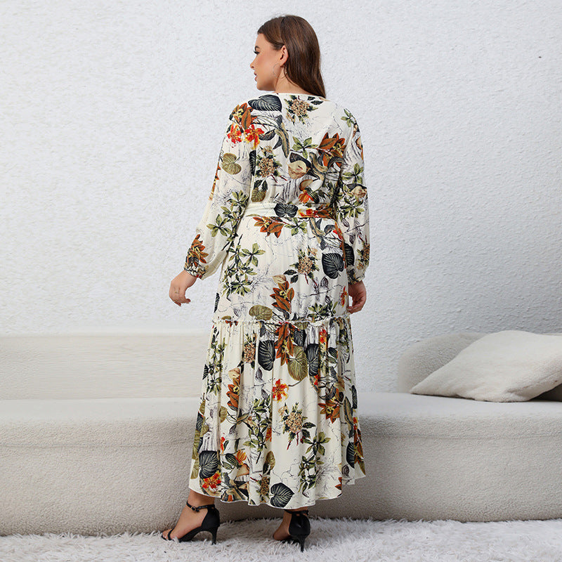 Printed V-neck Long Sleeve Floral Loose Big Hem Dress