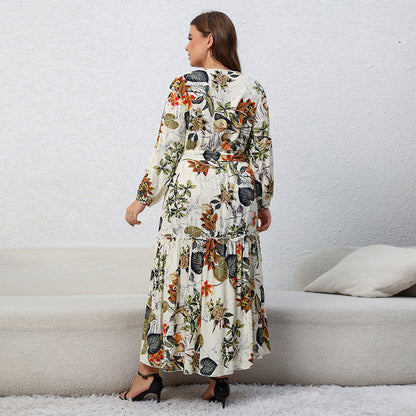 Printed V-neck Long Sleeve Floral Loose Big Hem Dress