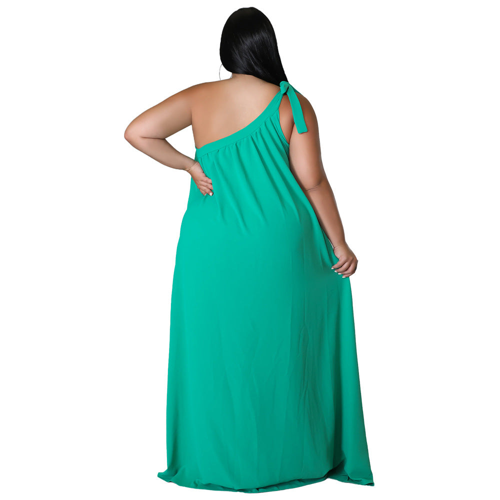 Sleeveless One-shoulder Halter Solid-color Dress Maxi Dress