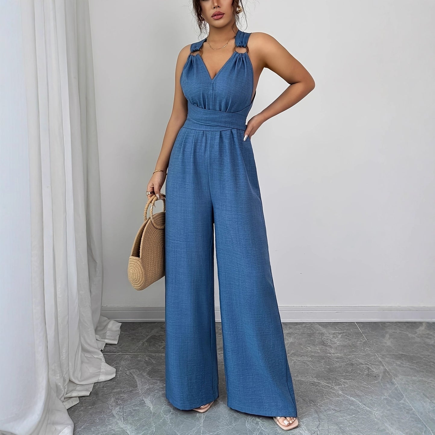 V-neck Backless Crossover-waistband Wide-leg Jumpsuit