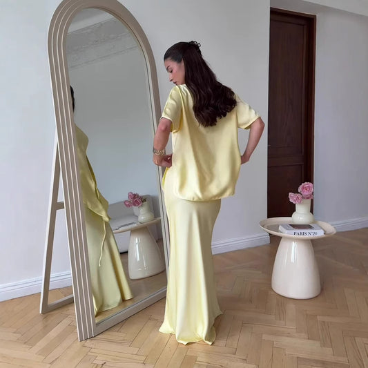 Short Sleeve Tied Top & Maxi Mid-length Dress Set