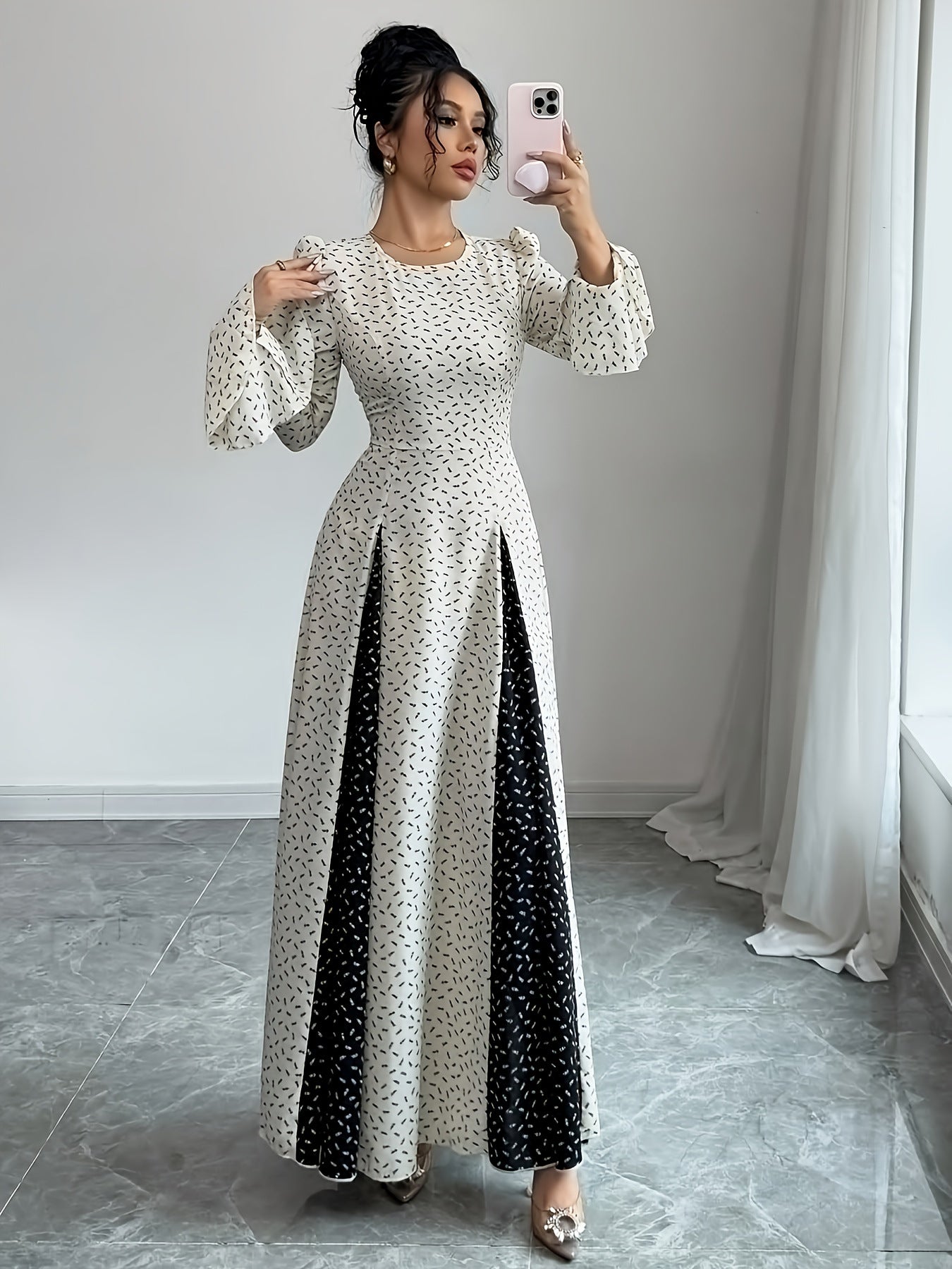 Black And White Patchwork Print Slim-waist Flared Sleeve Long Dress