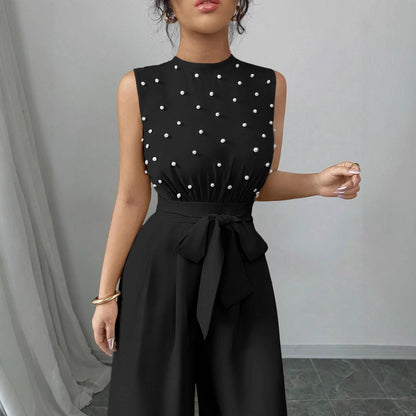 Black Polka Dot Sleeveless Wide-leg Jumpsuit With Round Neck