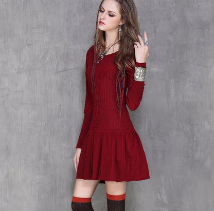 winter new round neck skirt Vintage long sleeve sweater dress