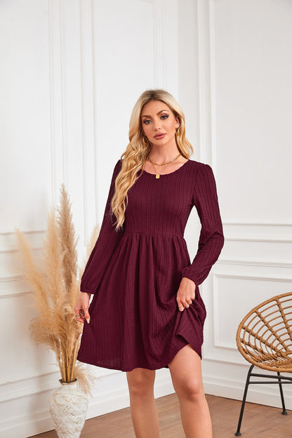Round Neck Pocket Knitted Sweater Long Sleeve A- Line Dress