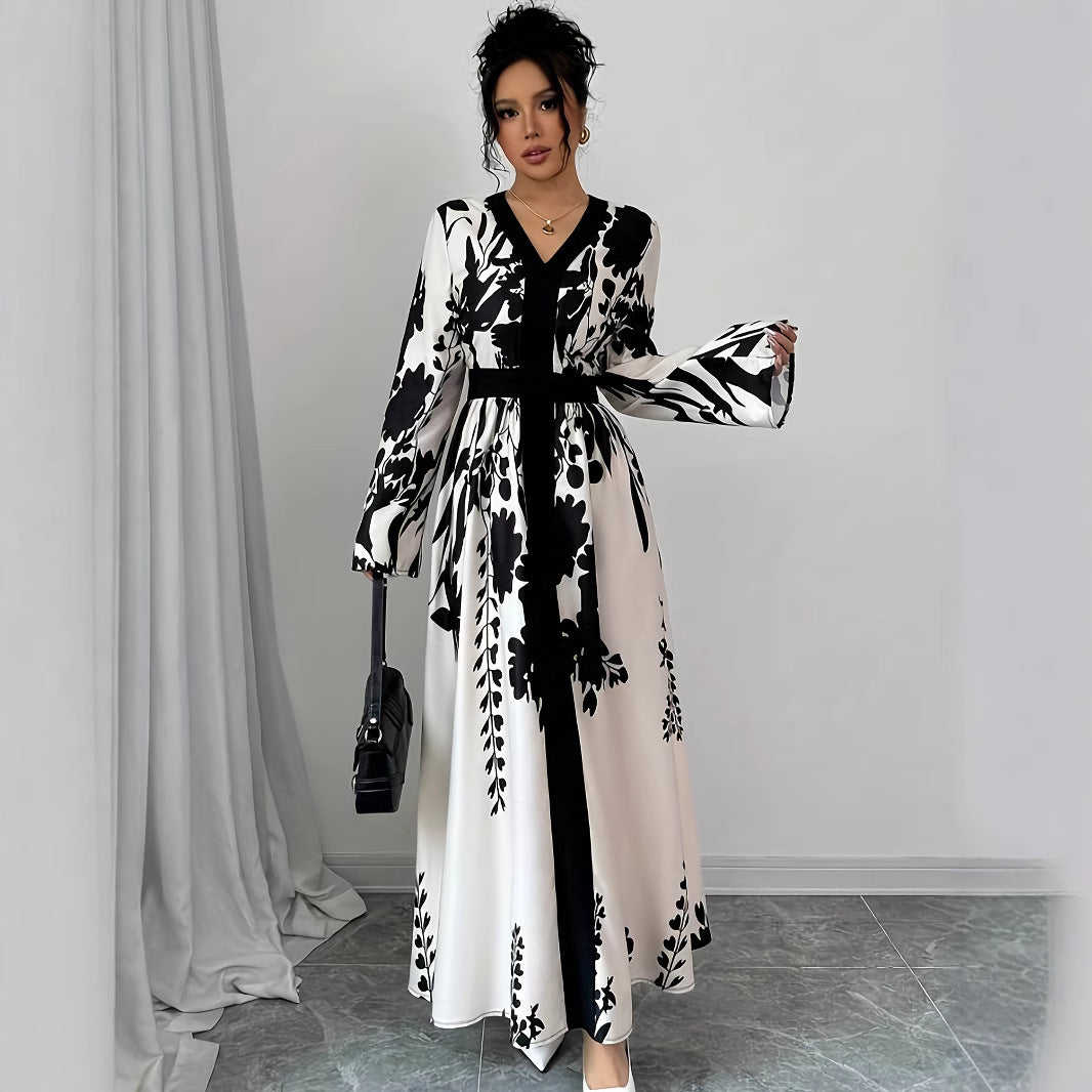 Temperament Print V-neck Slim Long Dress With Waist Belt Long Sleeves