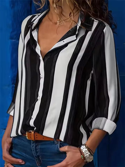 Womens Fashion Striped 3D-Printed Long-Sleeve Shirt