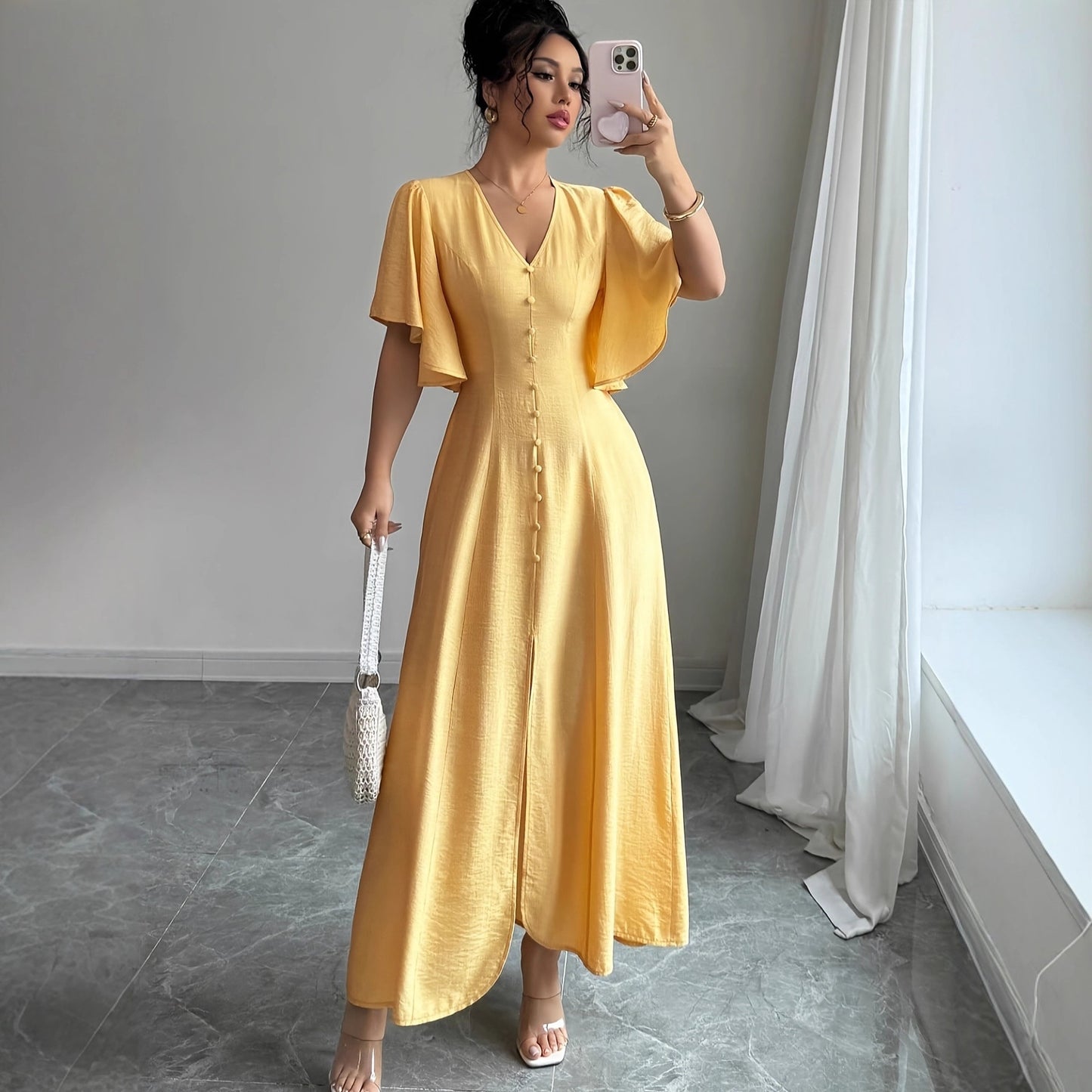 Women's Solid-Colored Split Simple Dress With Petal Sleeves