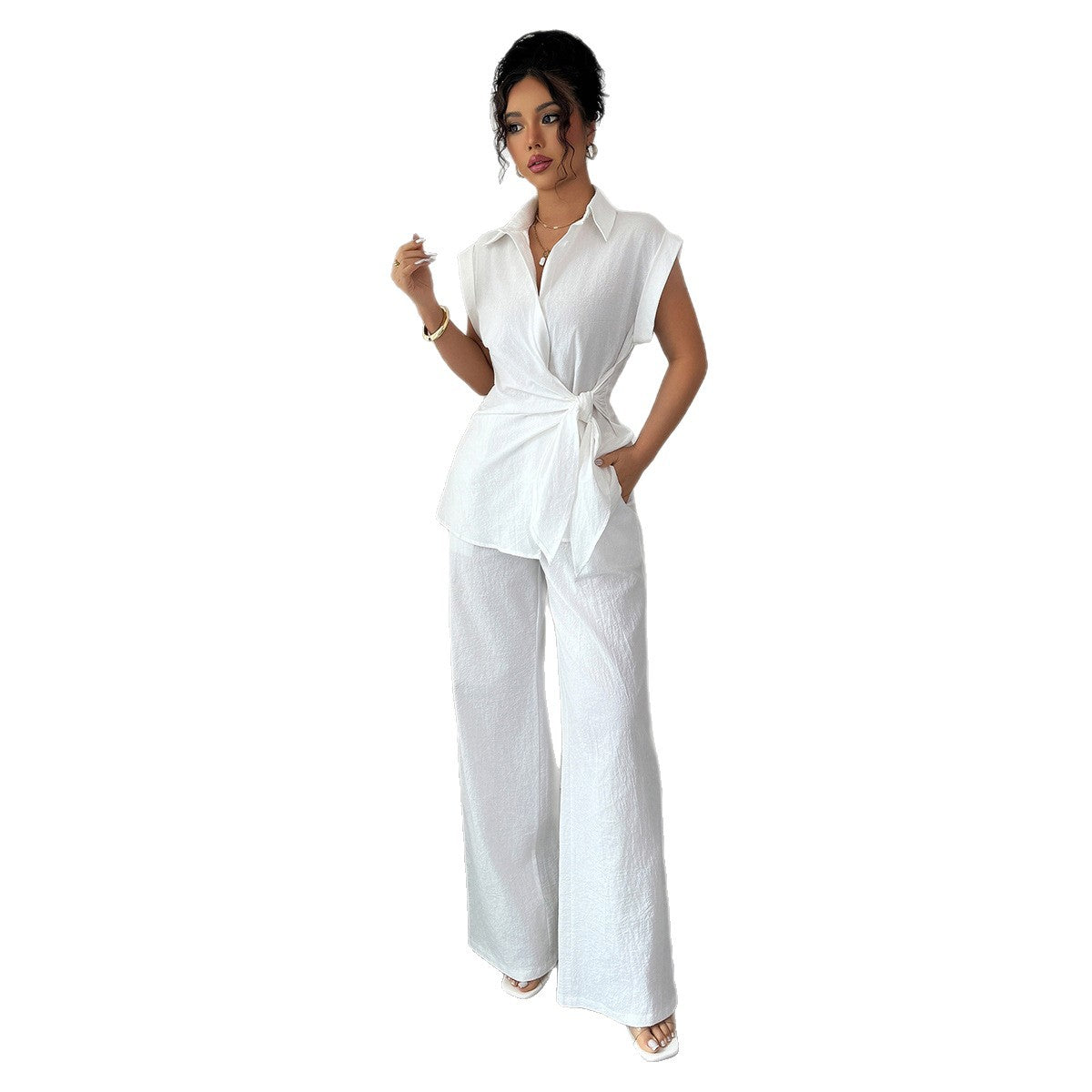 Womens Solid-Color Elegant High-End Short-Sleeve Vest And Pants Set