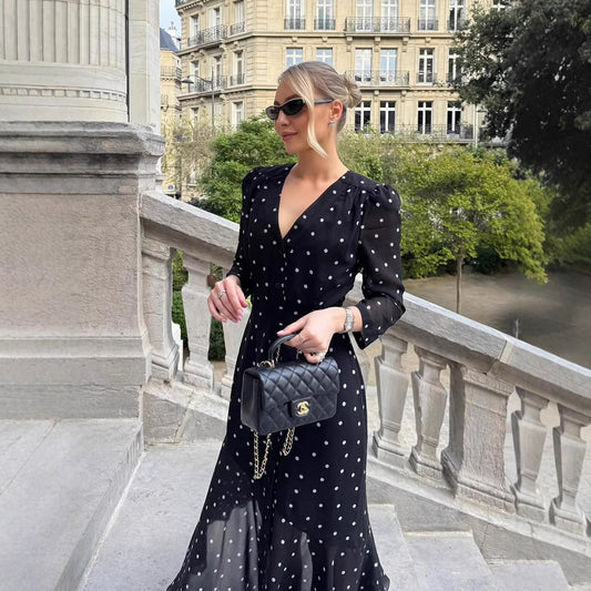 Elegant Mid-Length V-Neck Polka-Dot Waist-Cinched Dress