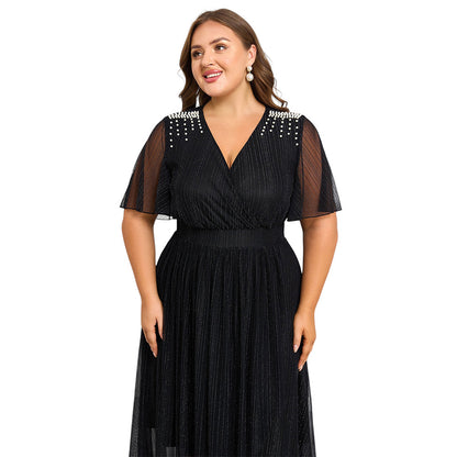 Short Front And Long Back Nail Bubble Beads Elastic Waist Plus Size Women's Elegant Dress Dress