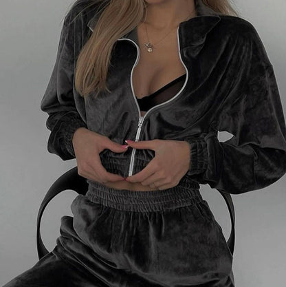 Fashion Women's Long-sleeve Lapel Zip-up Cardigan Hoodie Fleece Sweater Trousers