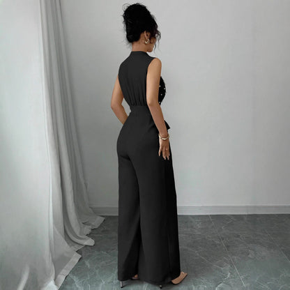 Black Polka Dot Sleeveless Wide-leg Jumpsuit With Round Neck