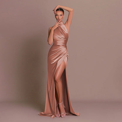 Satin One-shoulder Trailing Dress For Women