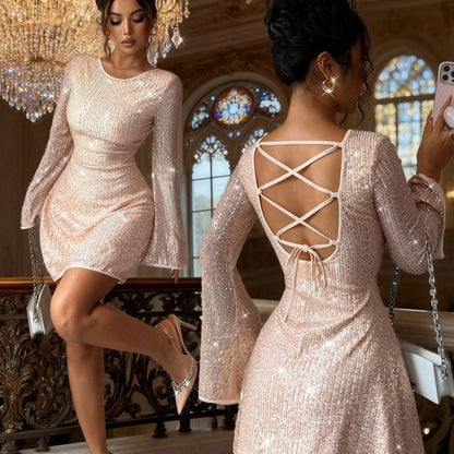 Body Hugging Backless Strap Detail Sequin Long Sleeve Dress