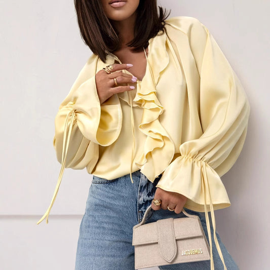 Womens Lace-Up Ruffle-Trimmed Loose Flare-Sleeve Shirt