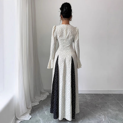 Black And White Patchwork Print Slim-waist Flared Sleeve Long Dress