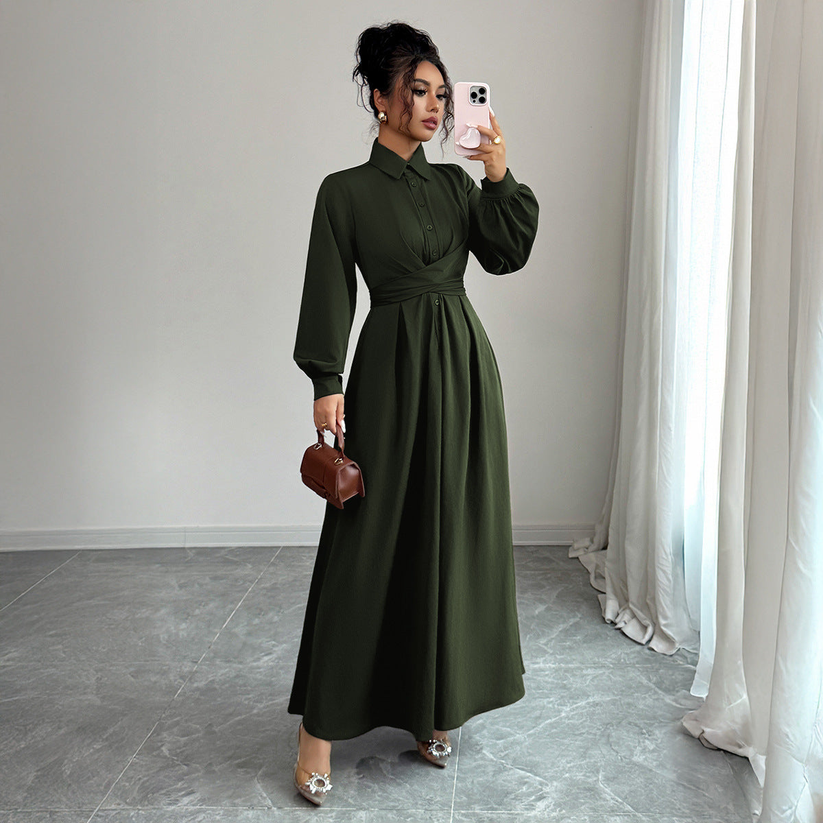 Women's Solid-Color Simple And Stylish Button-Down Long-Sleeve Dress