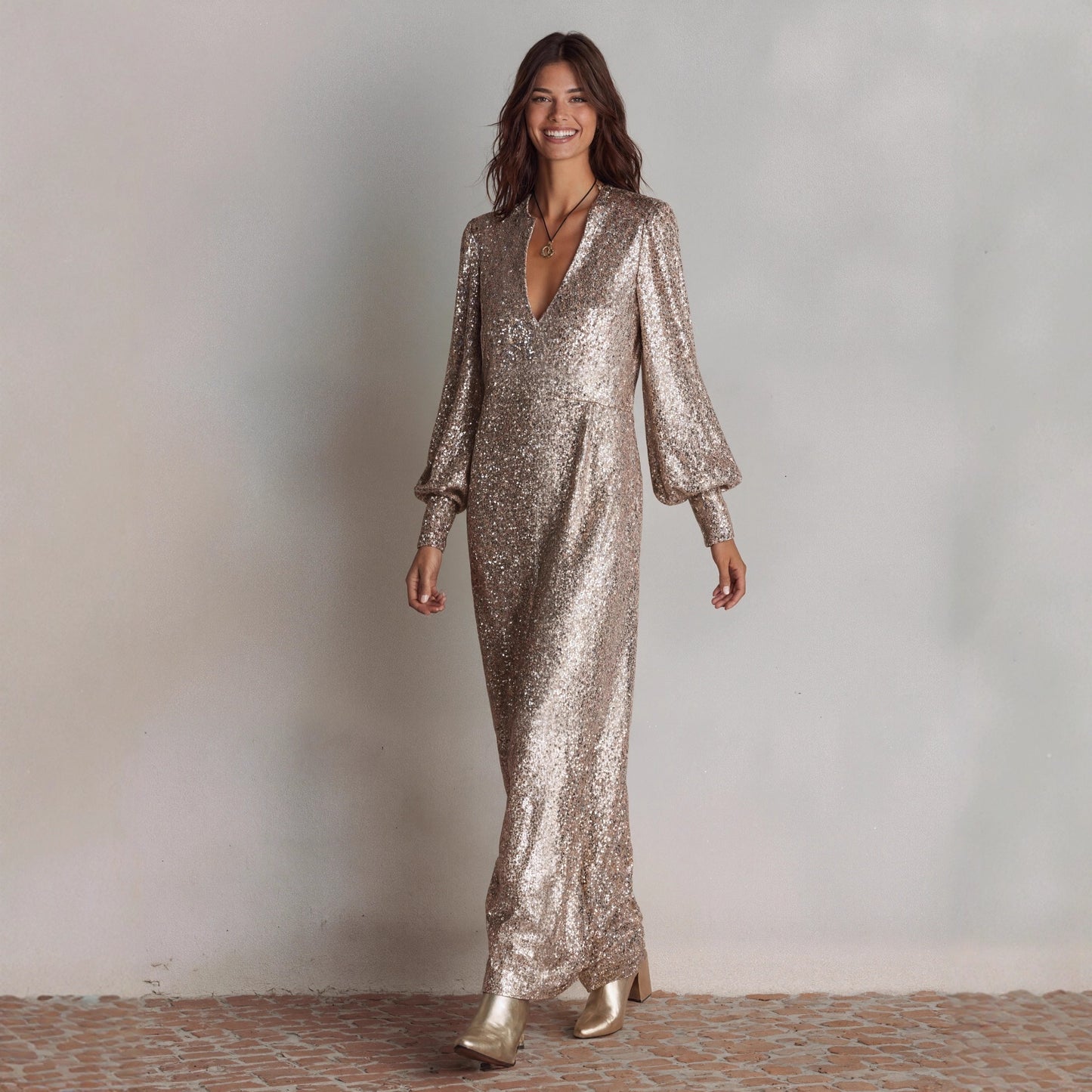 Loose-fitting Long-sleeve Sequin Dress With A Slit