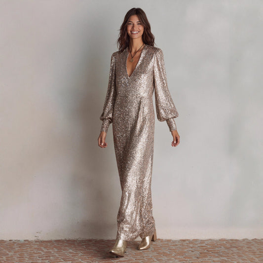 Loose-fitting Long-sleeve Sequin Dress With A Slit