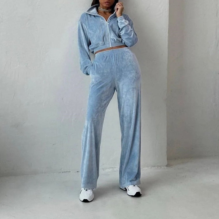 Fashion Women's Long-sleeve Lapel Zip-up Cardigan Hoodie Fleece Sweater Trousers