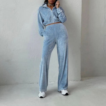 Fashion Women's Long-sleeve Lapel Zip-up Cardigan Hoodie Fleece Sweater Trousers