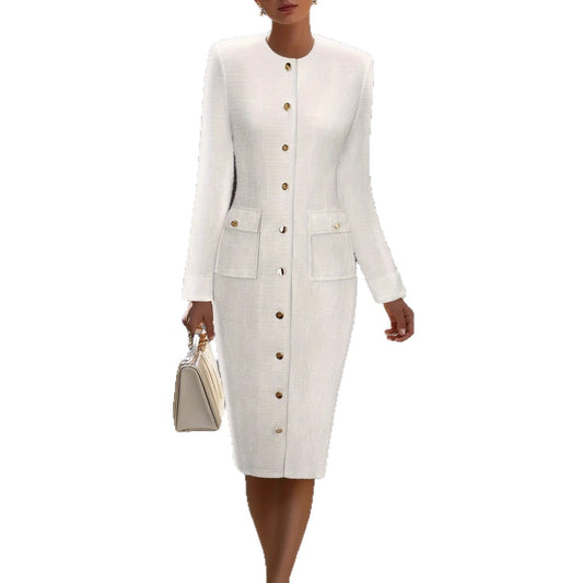 Elegant Off-white Tweed Long-sleeve Dress From Europe And The US
