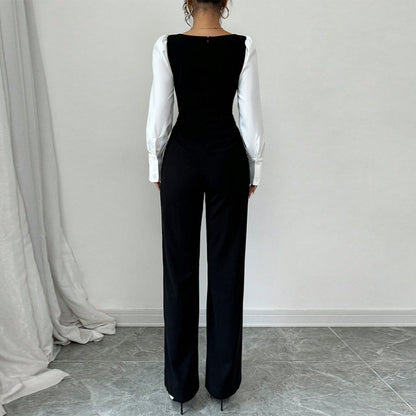 Long-sleeve Color-block Jumpsuit With Pants