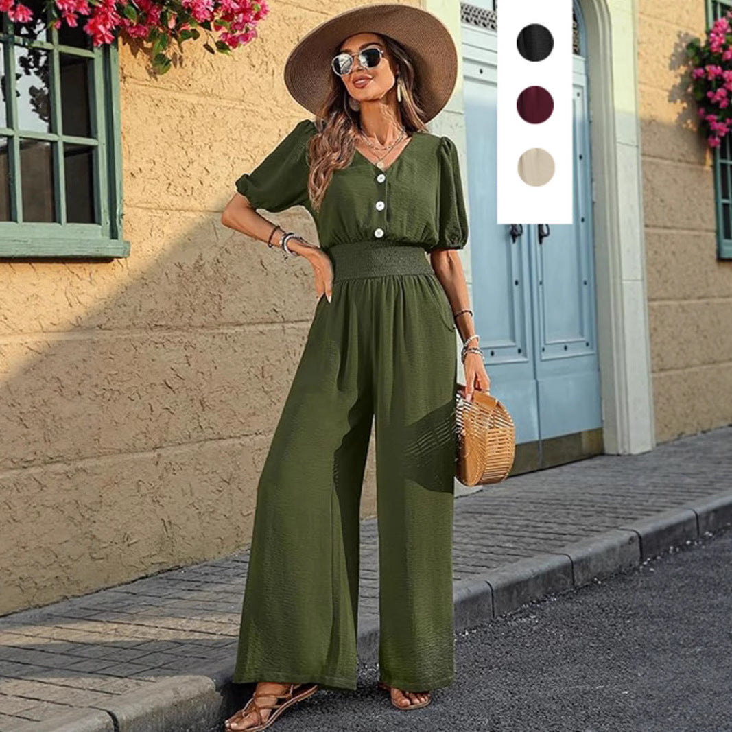 Womens Solid-Color Short-Sleeve Lapel Waist-Cinched Jumpsuit
