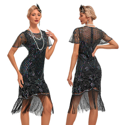 Womens Retro Party Sequin Tassel Dress