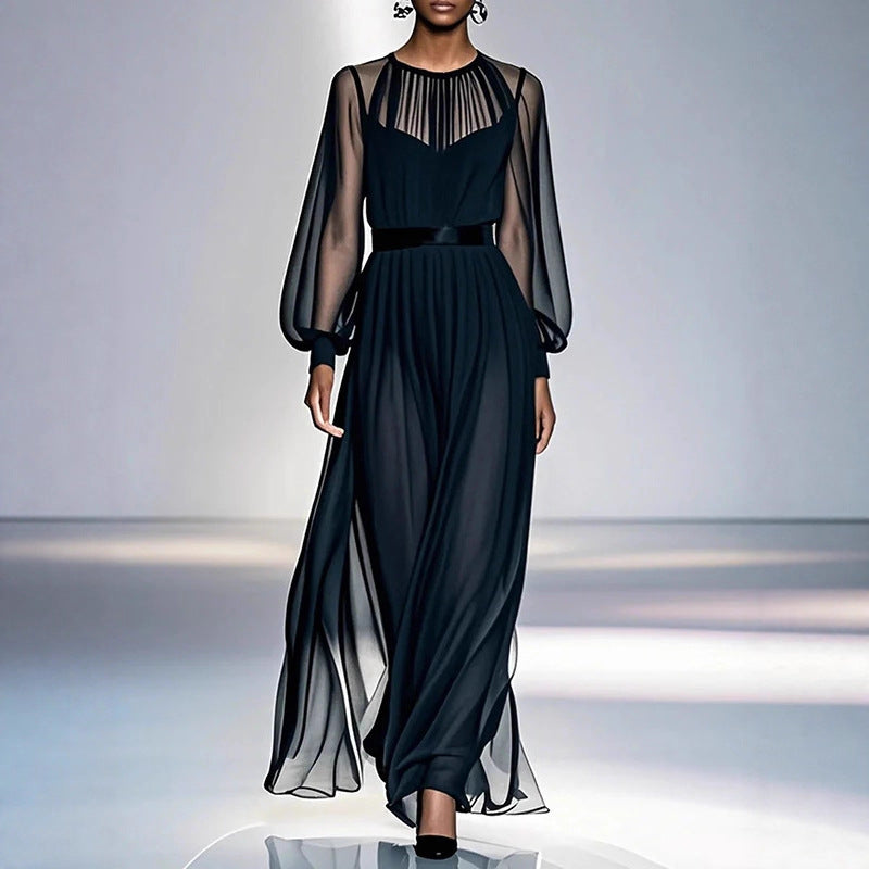 Sophisticated Black Two-piece Mesh Dress With A Cinched Waist