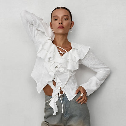 White Crepe Casual Ruffled Sexy Elegant Lace-up Long Sleeve Shirt