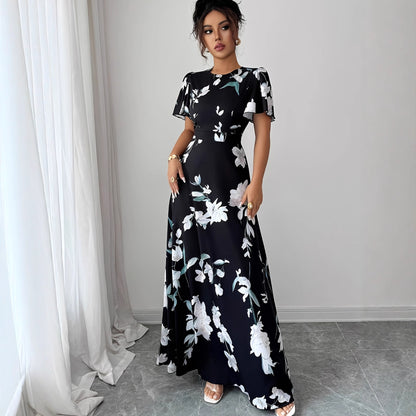 Floral Crew-neck Short-sleeve Waist-cinching Dress