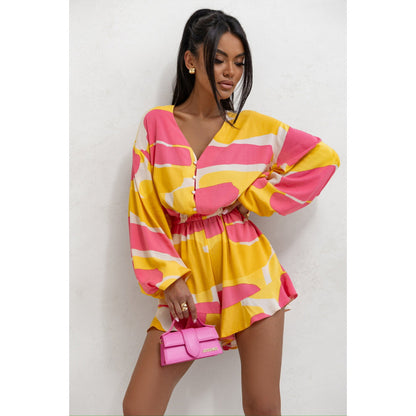 Printed V-neck Long Sleeve Jumpsuit