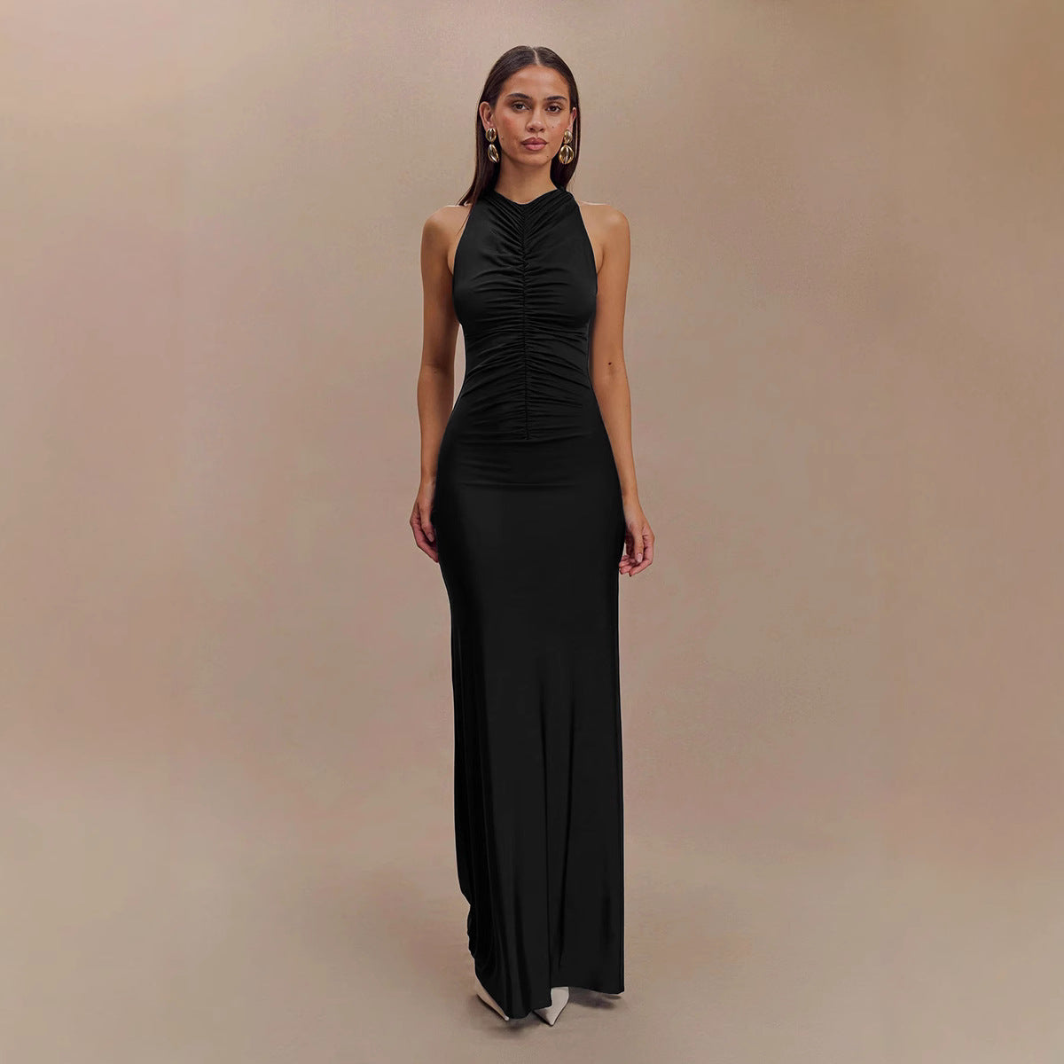 Sleeveless Pleated Elegant Solid-color Maxi Dress