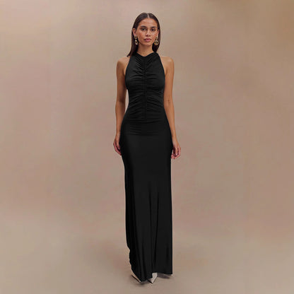 Sleeveless Pleated Elegant Solid-color Maxi Dress