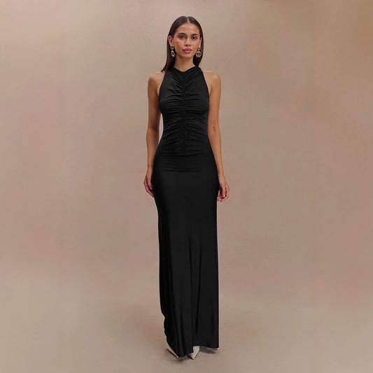 Sleeveless Pleated Elegant Solid-color Maxi Dress