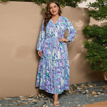 Printed V-neck Long Sleeve Floral Loose Big Hem Dress