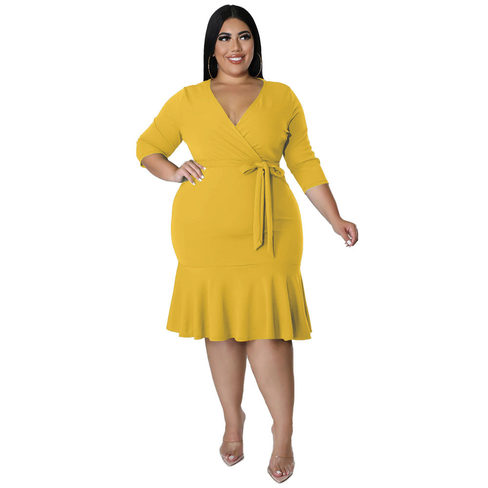 Sexy V-Neck Lace-Up Bodycon Dress With Ruffled Hem Plus-Size Women's Wear