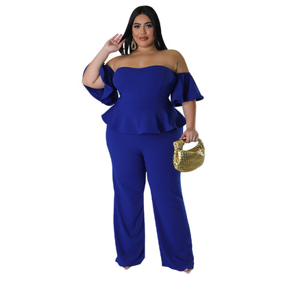 Sexy Off-shoulder Short-sleeve Wide-leg Stretch Jumpsuit