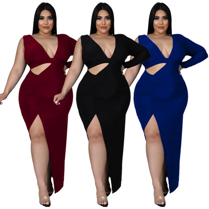 Solid-color Single-sleeve Sexy Hollow-out Maxi Dress