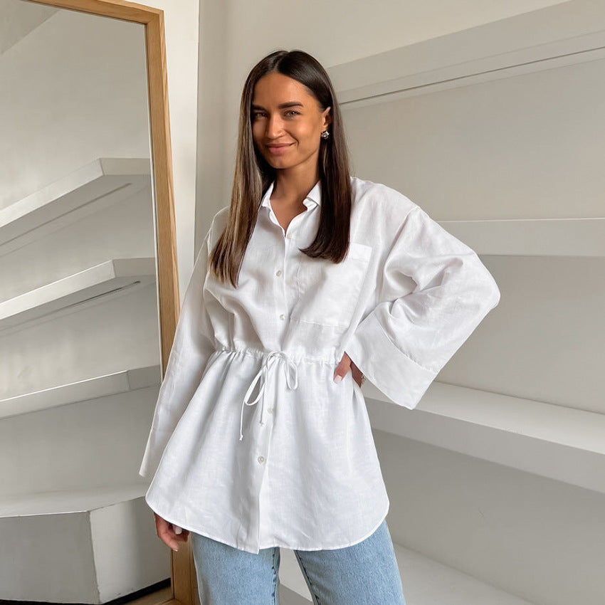 Women's Simple White Cotton And Linen Loose Lapels Shirt
