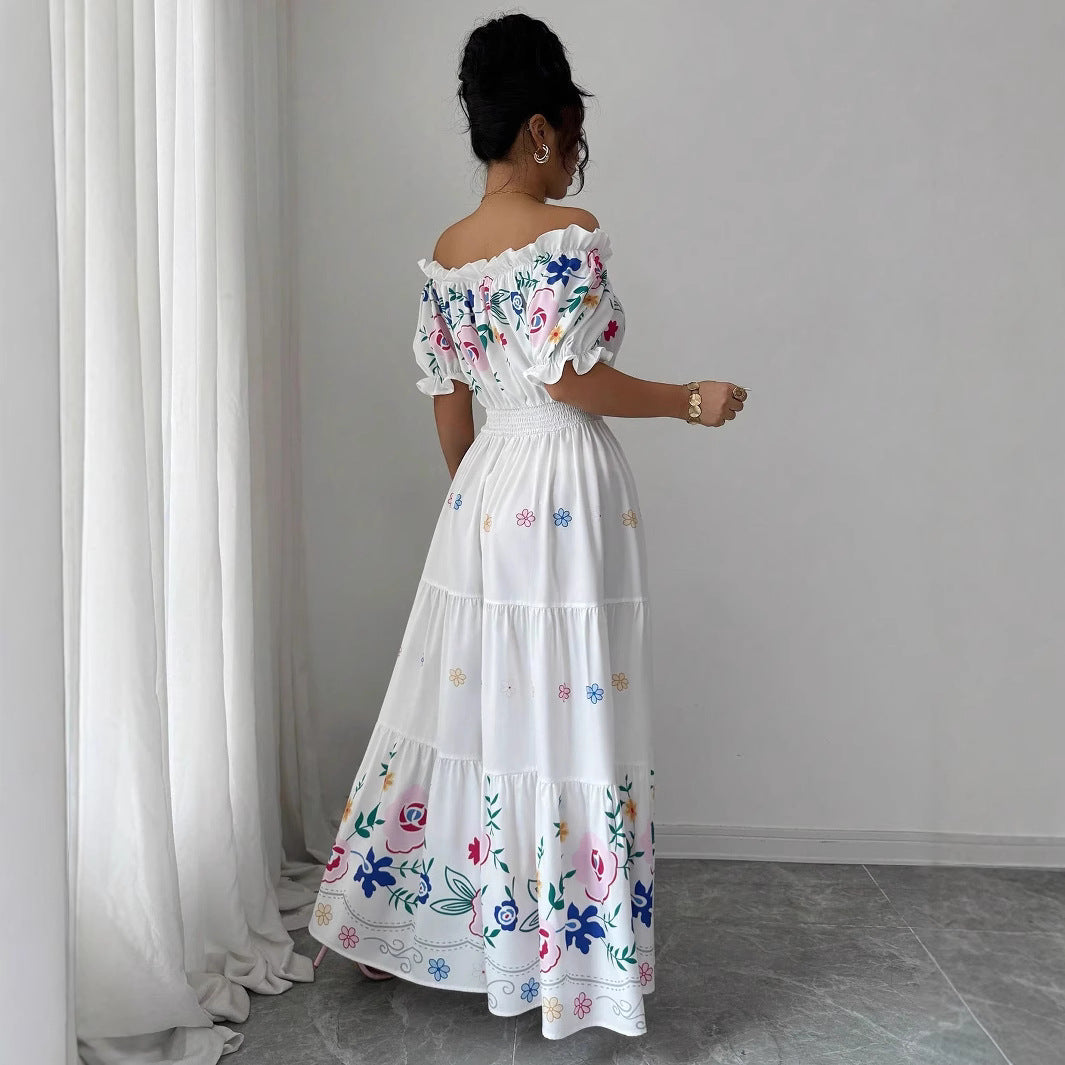 One-shoulder Puff Sleeve Floral Print Waist-tapered Trumpet Skirt