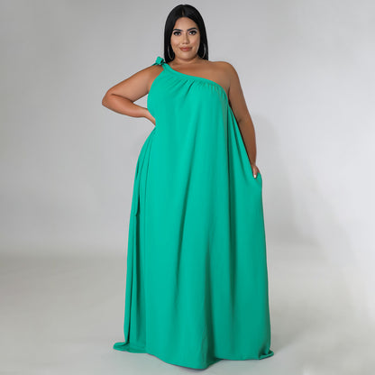 Sleeveless One-shoulder Halter Solid-color Dress Maxi Dress