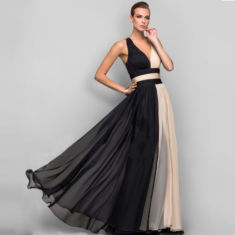 V-neck backless color dress skirt long dress